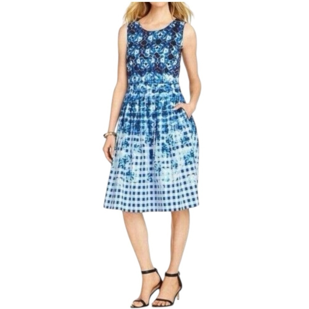 NWT Talbots Sleeveless Floral Gingham‎ Midi Dress Blue 16
